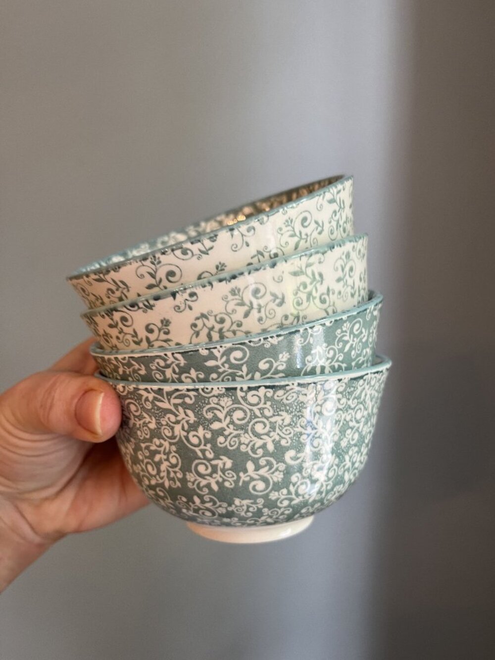 Set Of 4 Small Vintage Floral Ceramic Bowls With Green & White Design 5"